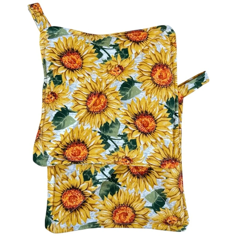 Hand Crafted Colorful Floral Sunflowers Two Fabric Potholders Hot Mat Trivet